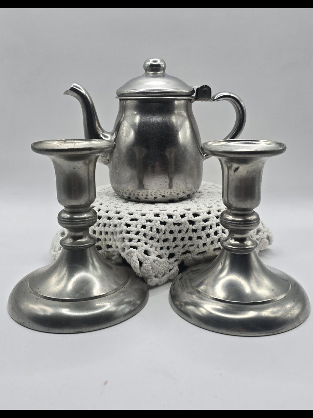 Silver Tone Pewter Teapot and Pair of Candle Holders Set